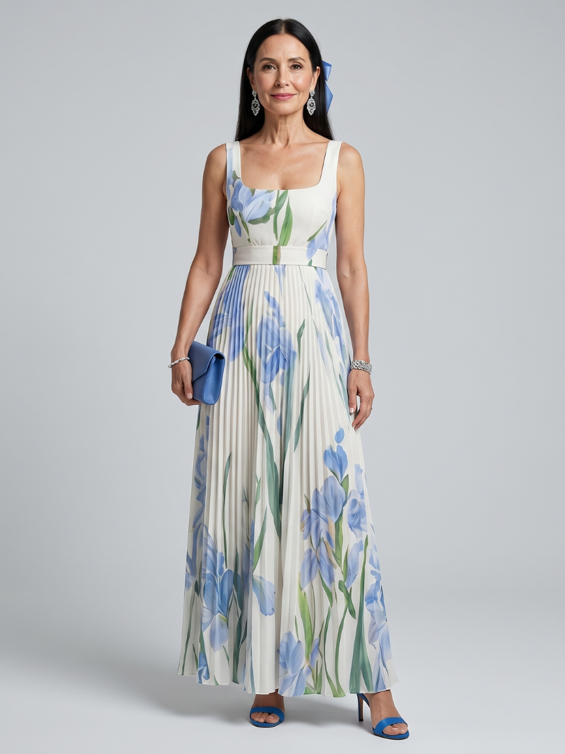 Inge | Mouwloze Bloemen Midi Jurk met Vierkante Hals