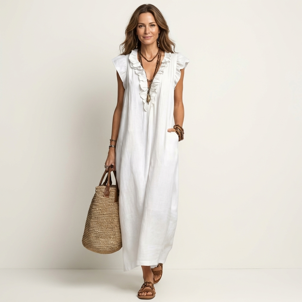 Rosette | V-Hals Linnen Maxi-Jurk met Ruches