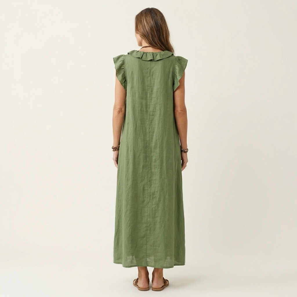 Rosette | V-Hals Linnen Maxi-Jurk met Ruches
