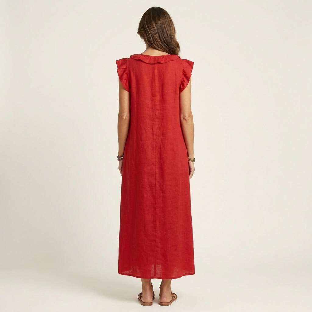 Rosette | V-Hals Linnen Maxi-Jurk met Ruches