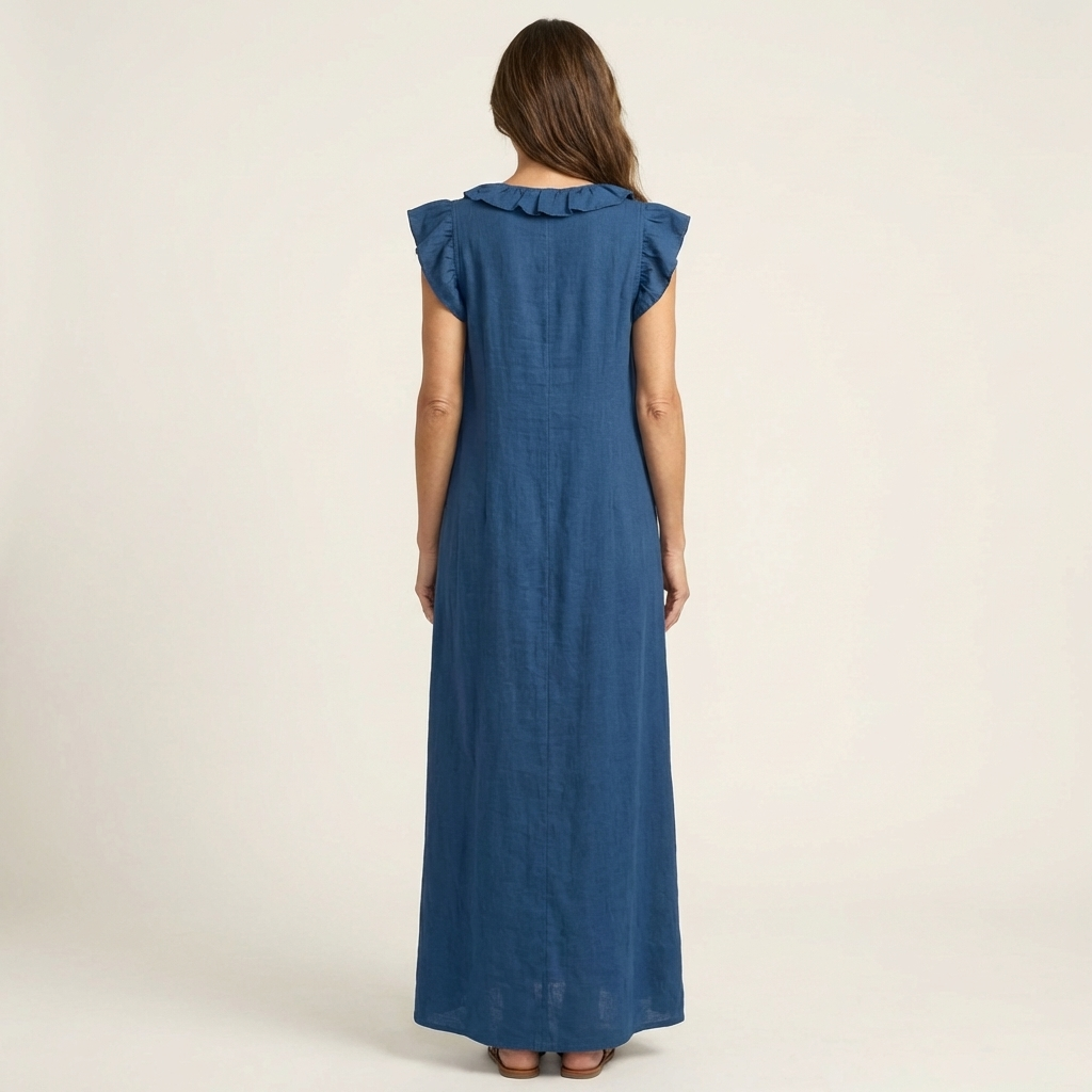 Rosette | V-Hals Linnen Maxi-Jurk met Ruches