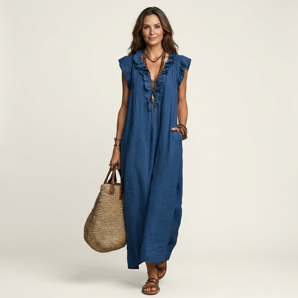 Rosette | V-Hals Linnen Maxi-Jurk met Ruches