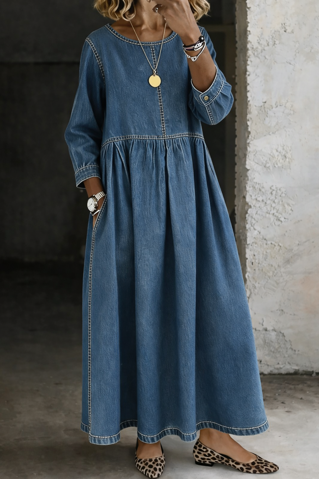 Hennie | Wijde Maxi Jurk in Denimlook