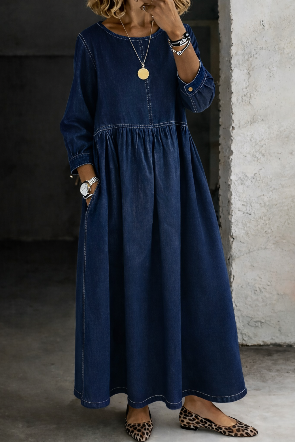 Hennie | Wijde Maxi Jurk in Denimlook