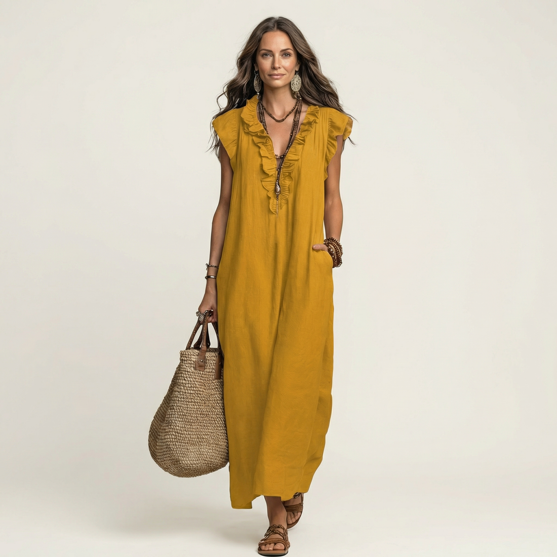Rosette | V-Hals Linnen Maxi-Jurk met Ruches